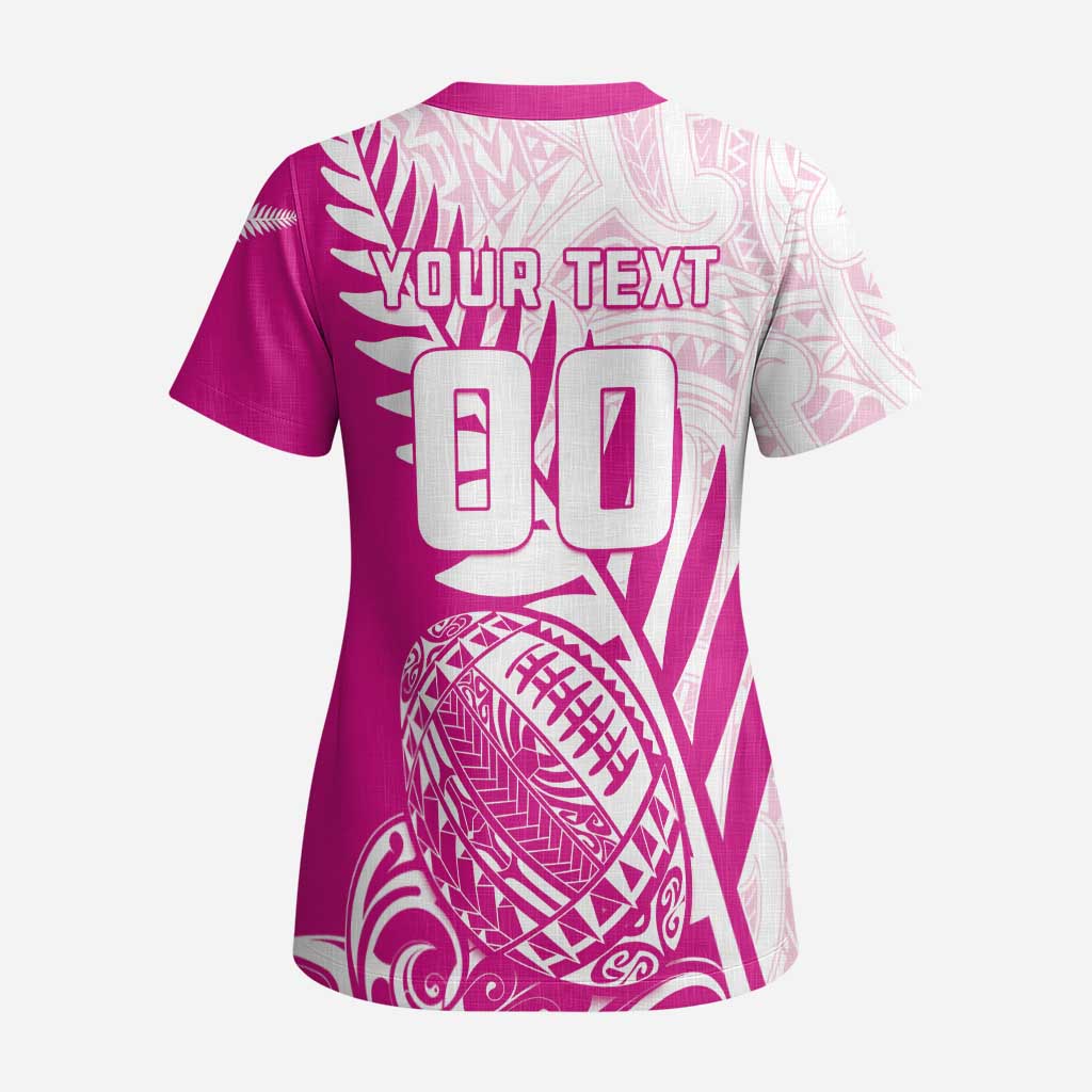 Custom New Zealand Rugby Silver Fern Scrub Top Aotearoa Maori Pink Version - Polynesian Pride