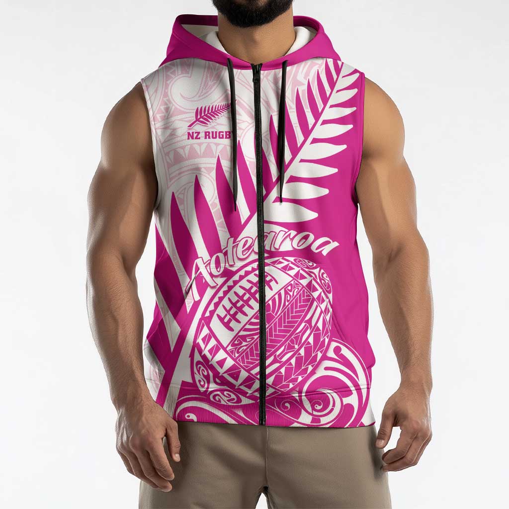 Custom New Zealand Rugby Silver Fern Sleeveless Zip Hoodie Aotearoa Maori Pink Version - Polynesian Pride