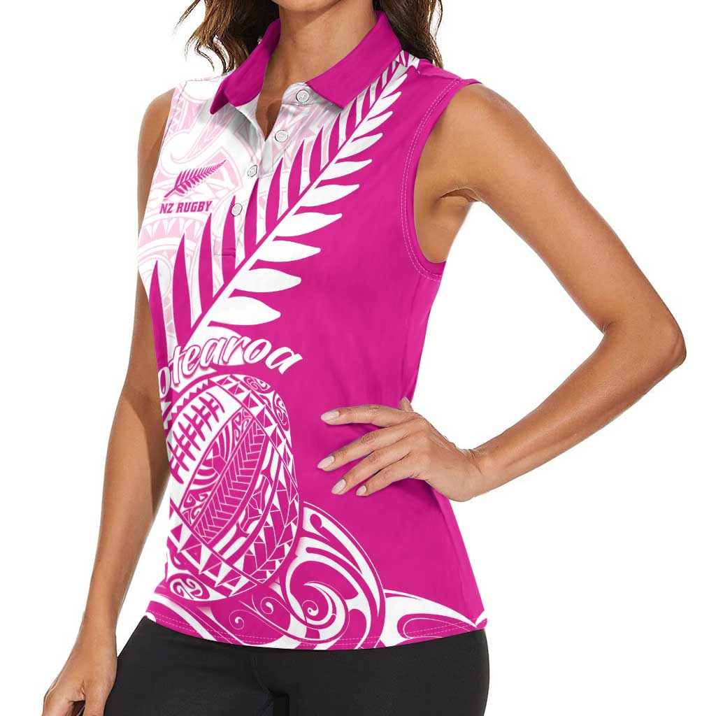 Custom New Zealand Rugby Silver Fern Women Sleeveless Polo Shirt Aotearoa Maori Pink Version LT01 - Polynesian Pride