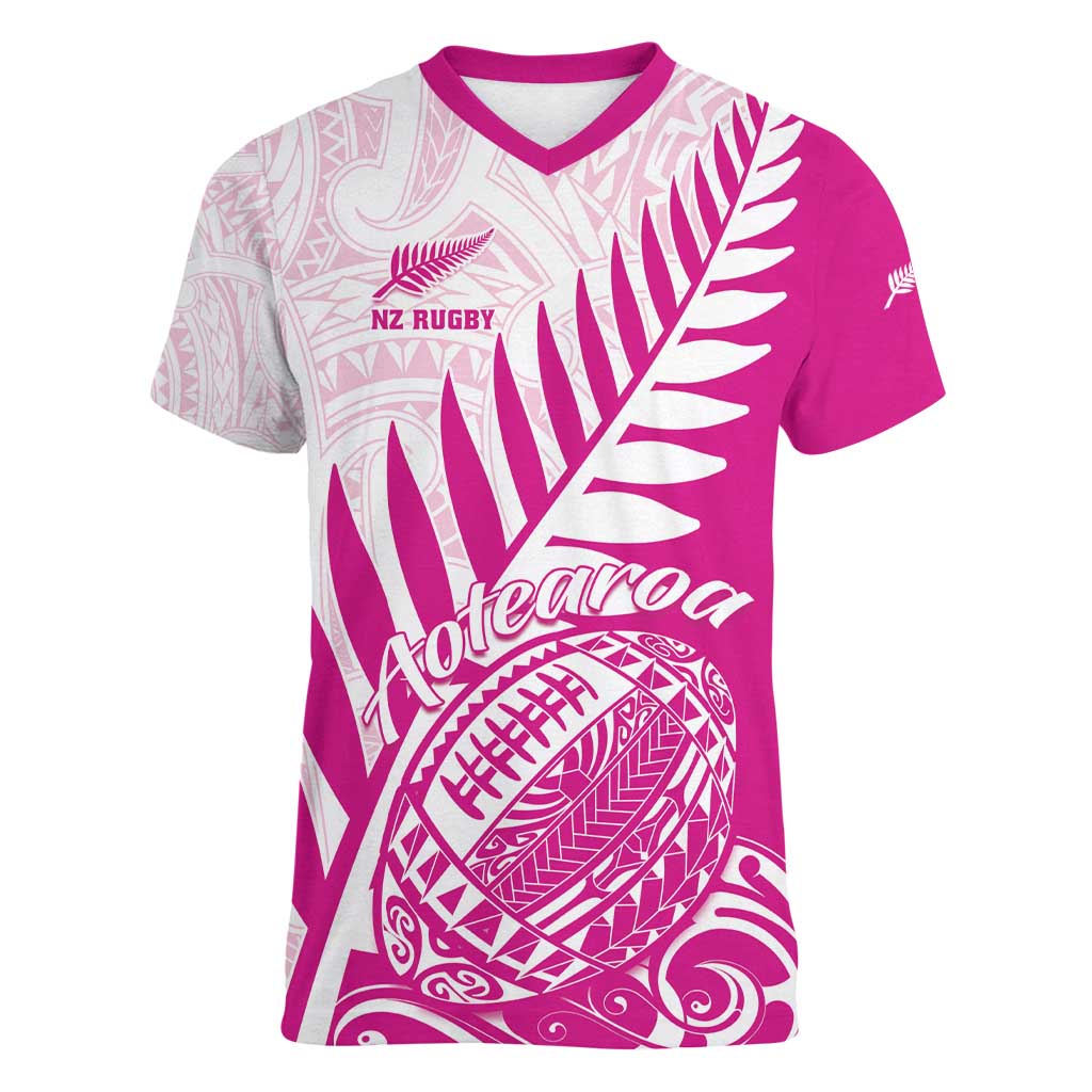 Custom New Zealand Rugby Silver Fern Women V-Neck T-Shirt Aotearoa Maori Pink Version LT01 Female Pink - Polynesian Pride