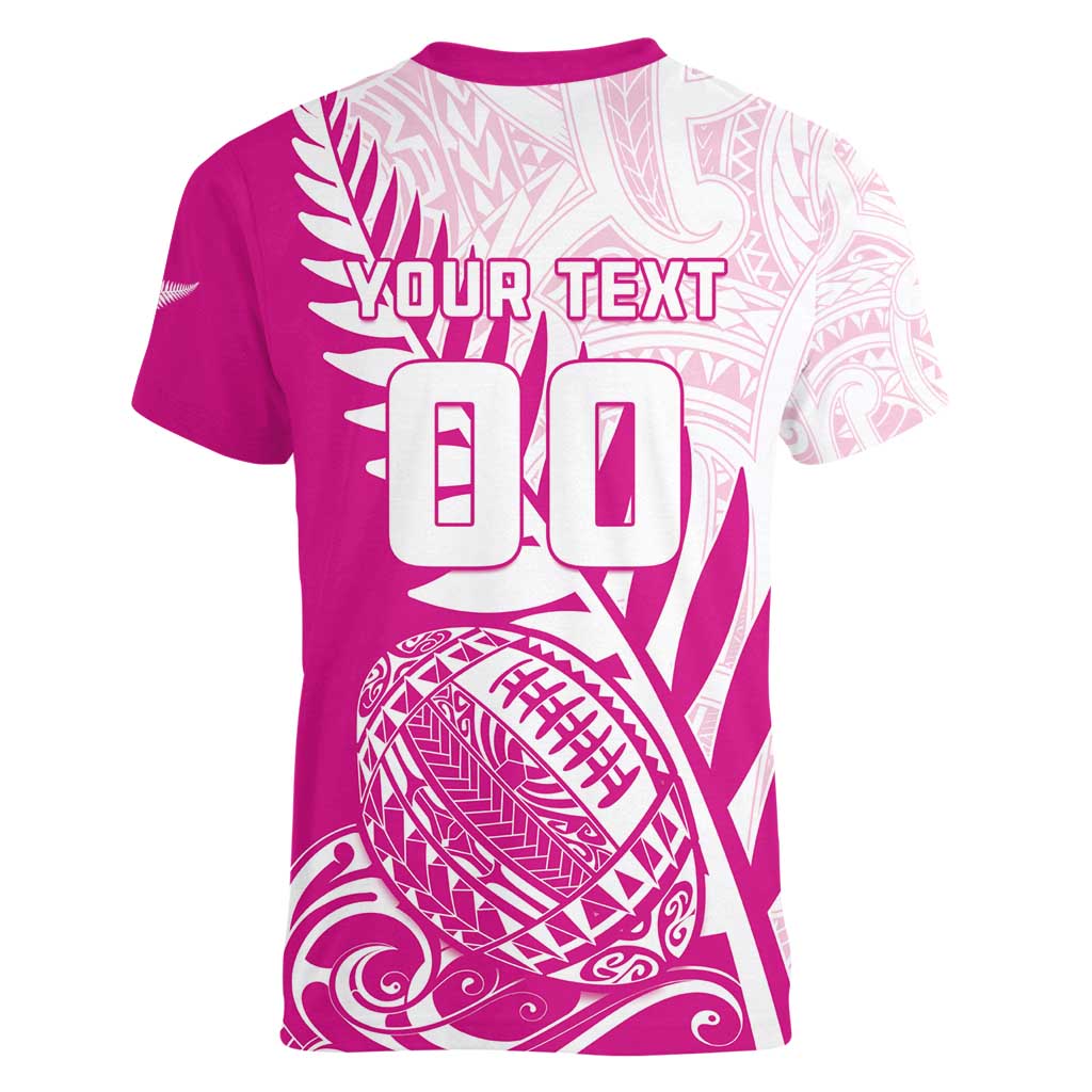 Custom New Zealand Rugby Silver Fern Women V-Neck T-Shirt Aotearoa Maori Pink Version LT01 - Polynesian Pride