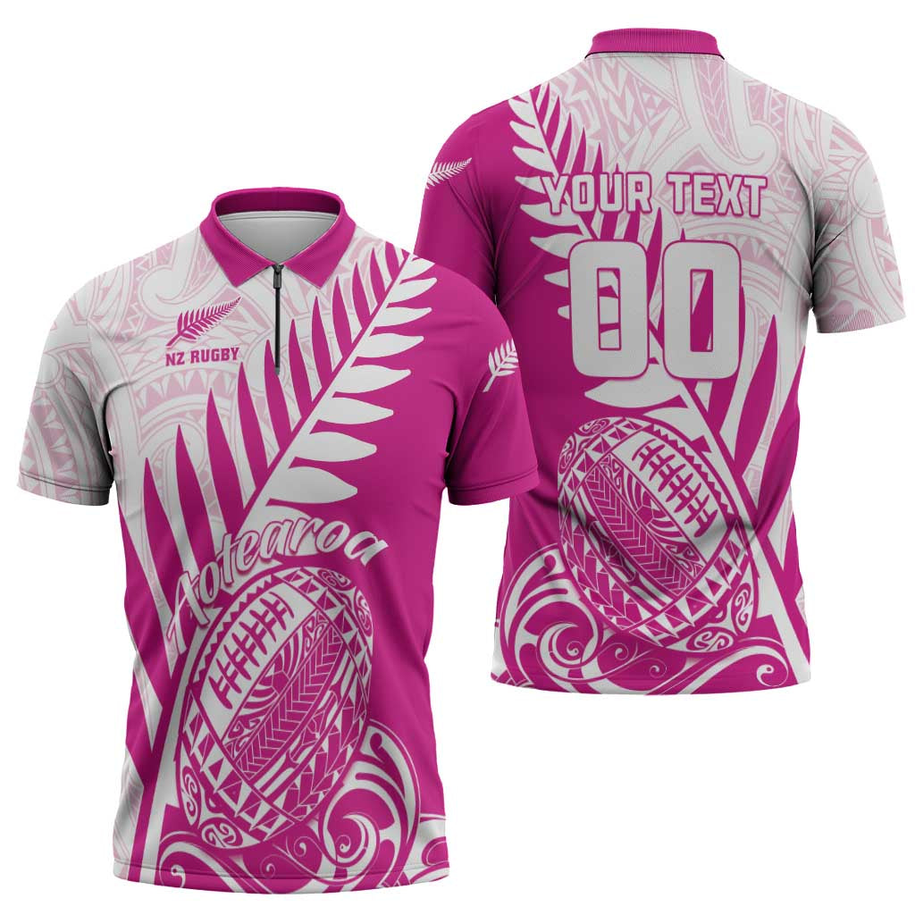 Custom New Zealand Rugby Silver Fern Zipper Polo Shirt Aotearoa Maori Pink Version - Polynesian Pride