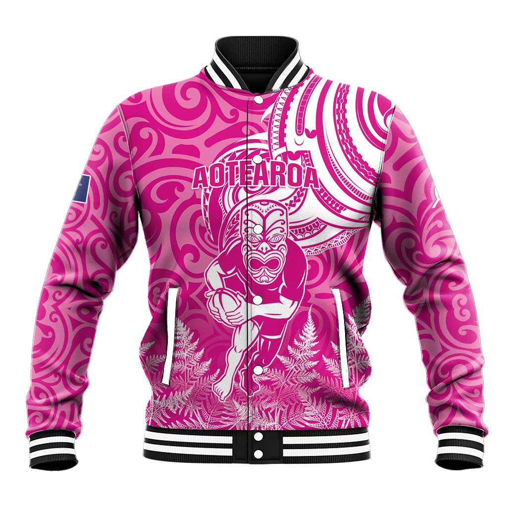 New Zealand Silver Fern Rugby All Pink Baseball Jacket Maori Tiki Player With Ta Moko Tribal LT01 Unisex Pink - Polynesian Pride