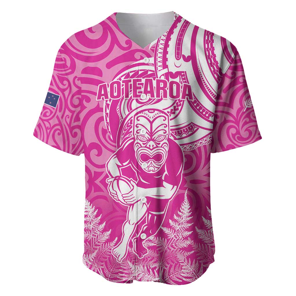 New Zealand Silver Fern Rugby All Pink Baseball Jersey Maori Tiki Player With Ta Moko Tribal LT01 Pink - Polynesian Pride