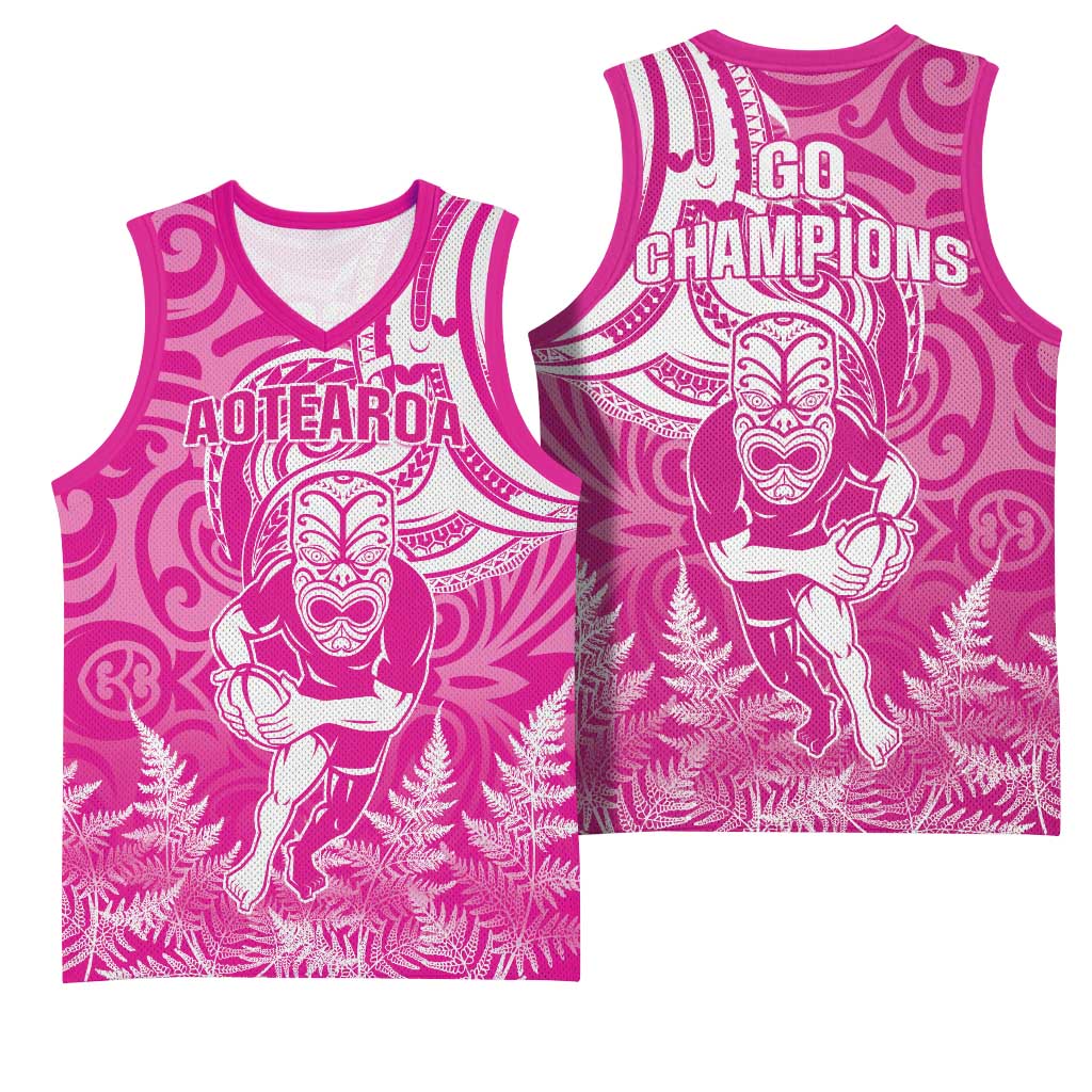 New Zealand Silver Fern Rugby All Pink Basketball Jersey Maori Tiki Player With Ta Moko Tribal LT01 - Polynesian Pride