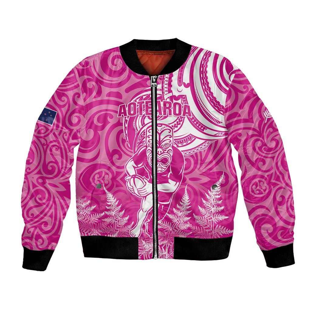 New Zealand Silver Fern Rugby All Pink Bomber Jacket Maori Tiki Player With Ta Moko Tribal LT01 Unisex Pink - Polynesian Pride