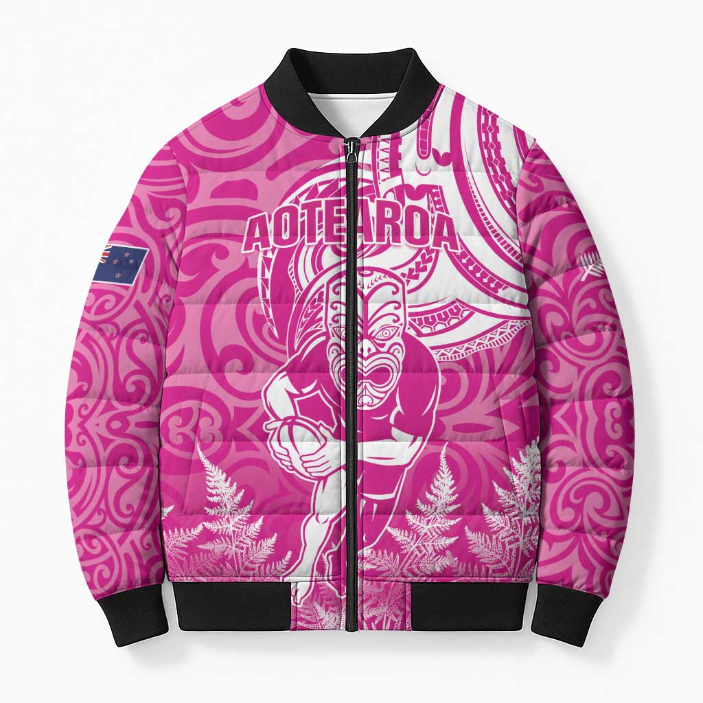 New Zealand Silver Fern Rugby All Pink Bomber Puffer Jacket Maori Tiki Player With Ta Moko Tribal LT01 Unisex Pink - Polynesian Pride