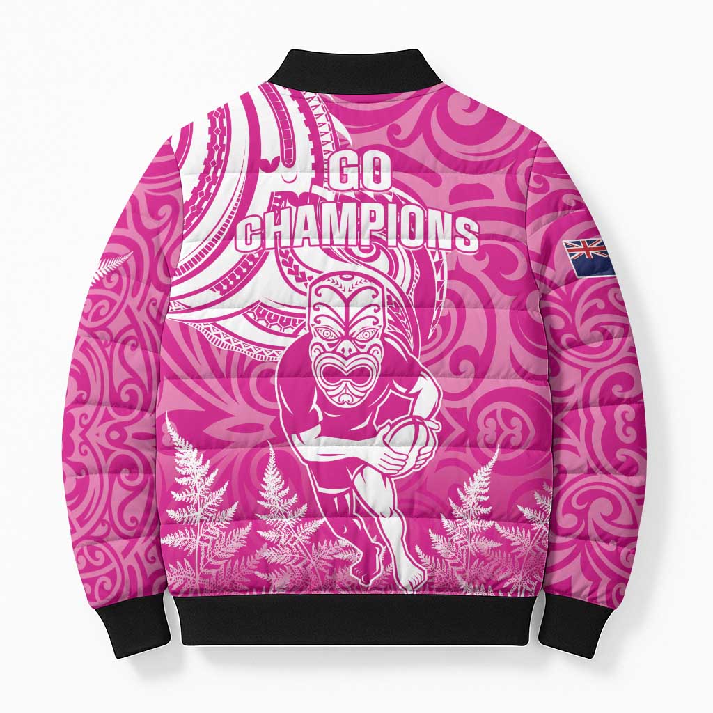 New Zealand Silver Fern Rugby All Pink Bomber Puffer Jacket Maori Tiki Player With Ta Moko Tribal LT01 - Polynesian Pride