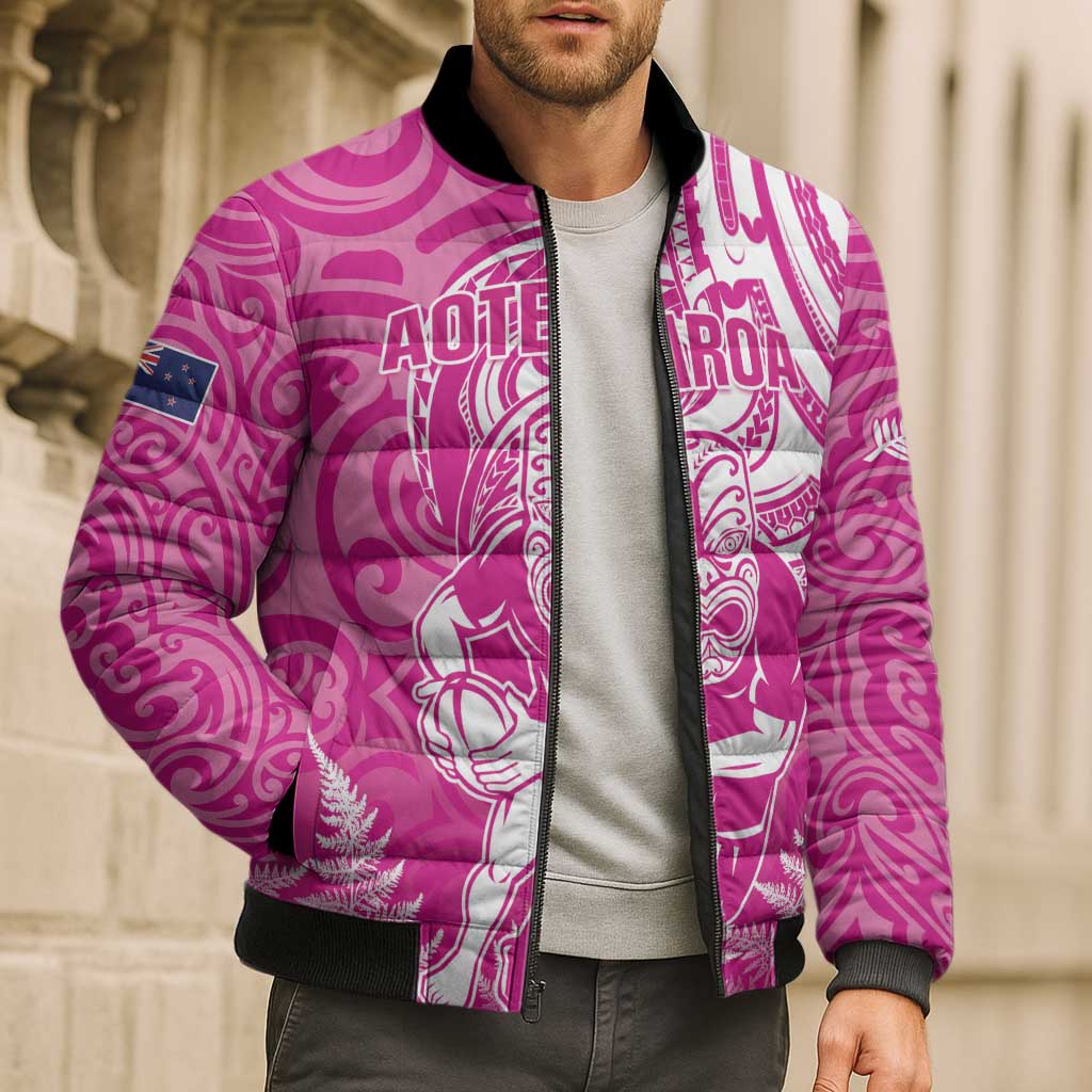 New Zealand Silver Fern Rugby All Pink Bomber Puffer Jacket Maori Tiki Player With Ta Moko Tribal LT01 - Polynesian Pride