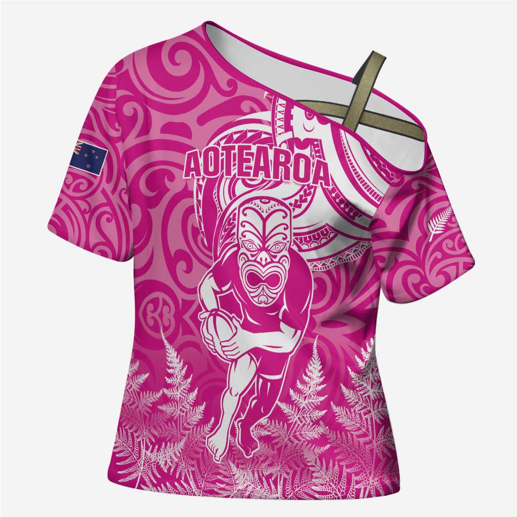 New Zealand Silver Fern Rugby All Pink Cross Shoulder Shirt Maori Tiki Player With Ta Moko Tribal LT01 Female Pink - Polynesian Pride