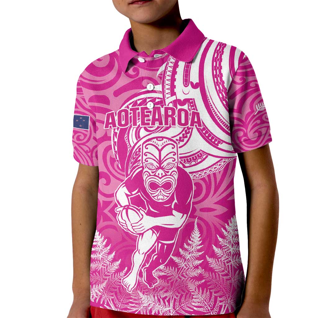New Zealand Silver Fern Rugby All Pink Kid Polo Shirt Maori Tiki Player With Ta Moko Tribal LT01 Kid Pink - Polynesian Pride