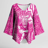 New Zealand Silver Fern Rugby All Pink Kimono Sleeve Blouse Maori Tiki Player With Ta Moko Tribal LT01 Female Pink - Polynesian Pride