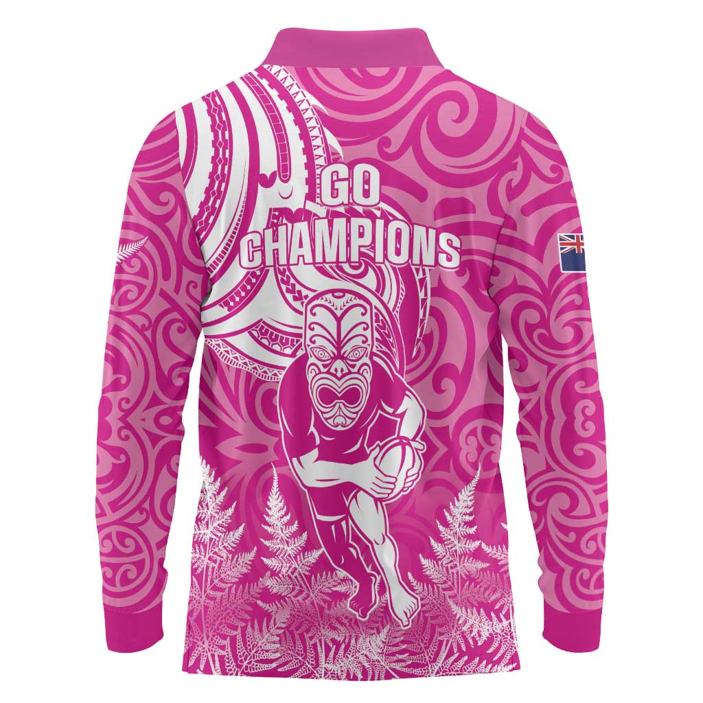 New Zealand Silver Fern Rugby All Pink Long Sleeve Polo Shirt Maori Tiki Player With Ta Moko Tribal LT01 - Polynesian Pride