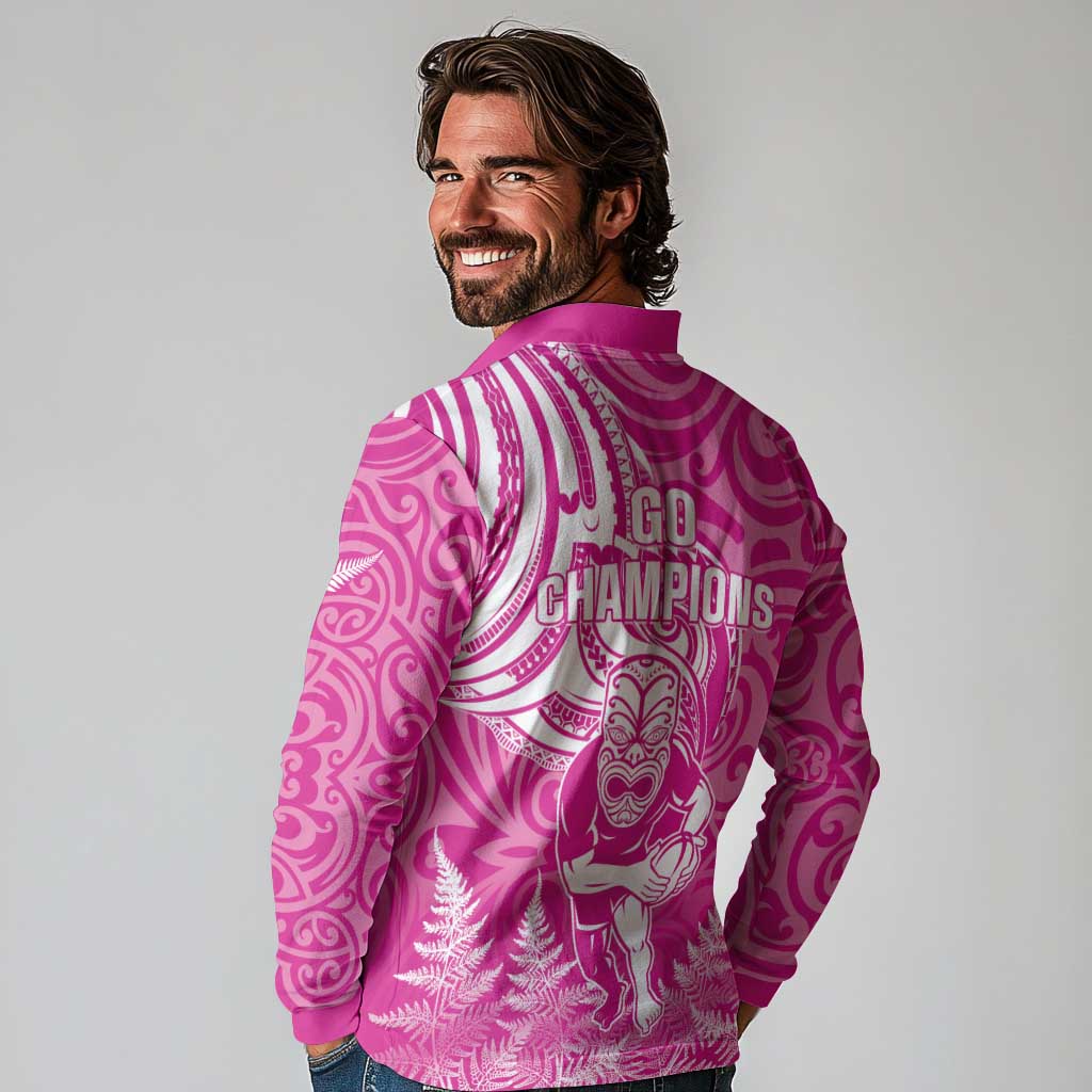 New Zealand Silver Fern Rugby All Pink Long Sleeve Polo Shirt Maori Tiki Player With Ta Moko Tribal LT01 - Polynesian Pride