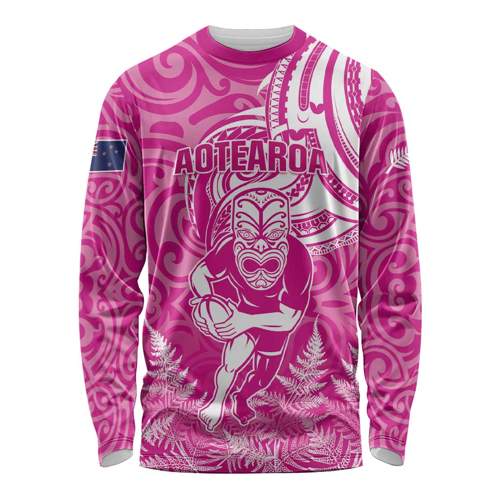 New Zealand Silver Fern Rugby All Pink Long Sleeve Shirt Maori Tiki Player With Ta Moko Tribal LT01 Unisex Pink - Polynesian Pride