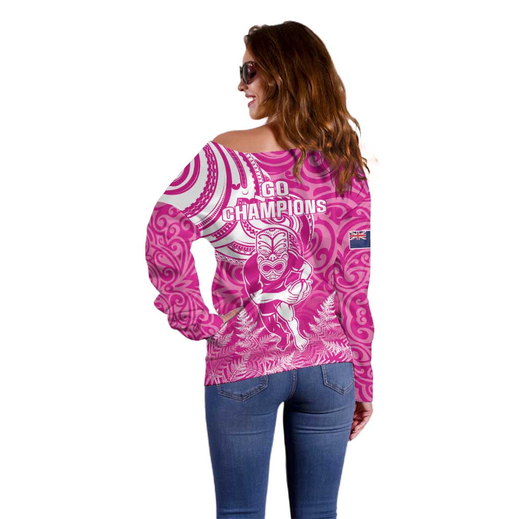 New Zealand Silver Fern Rugby All Pink Off Shoulder Sweater Maori Tiki Player With Ta Moko Tribal LT01 - Polynesian Pride