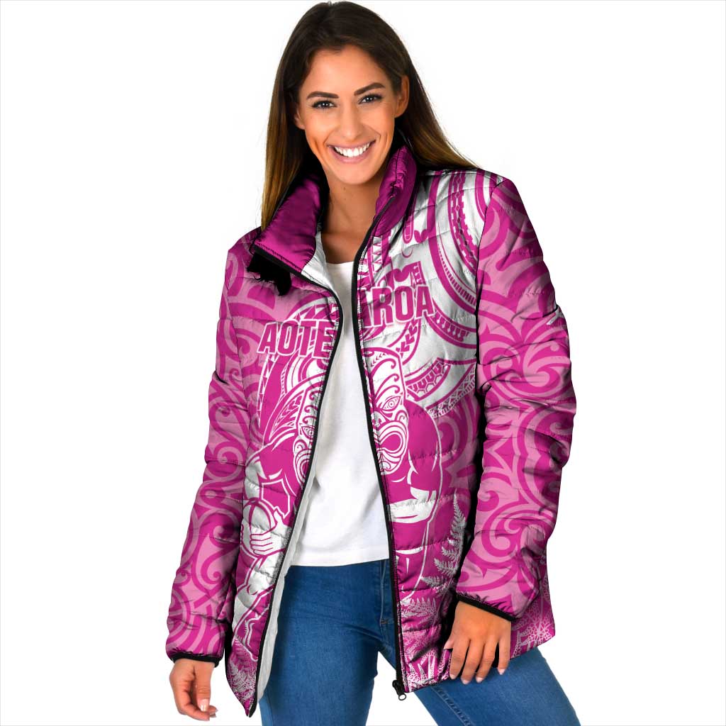 New Zealand Silver Fern Rugby All Pink Padded Jacket Maori Tiki Player With Ta Moko Tribal LT01 Women Pink - Polynesian Pride