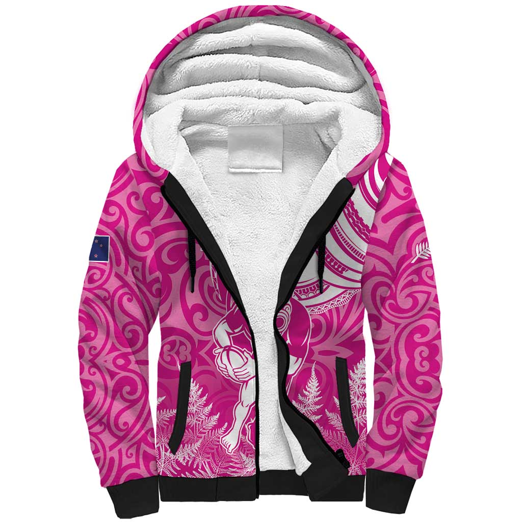 New Zealand Silver Fern Rugby All Pink Sherpa Hoodie Maori Tiki Player With Ta Moko Tribal - Polynesian Pride