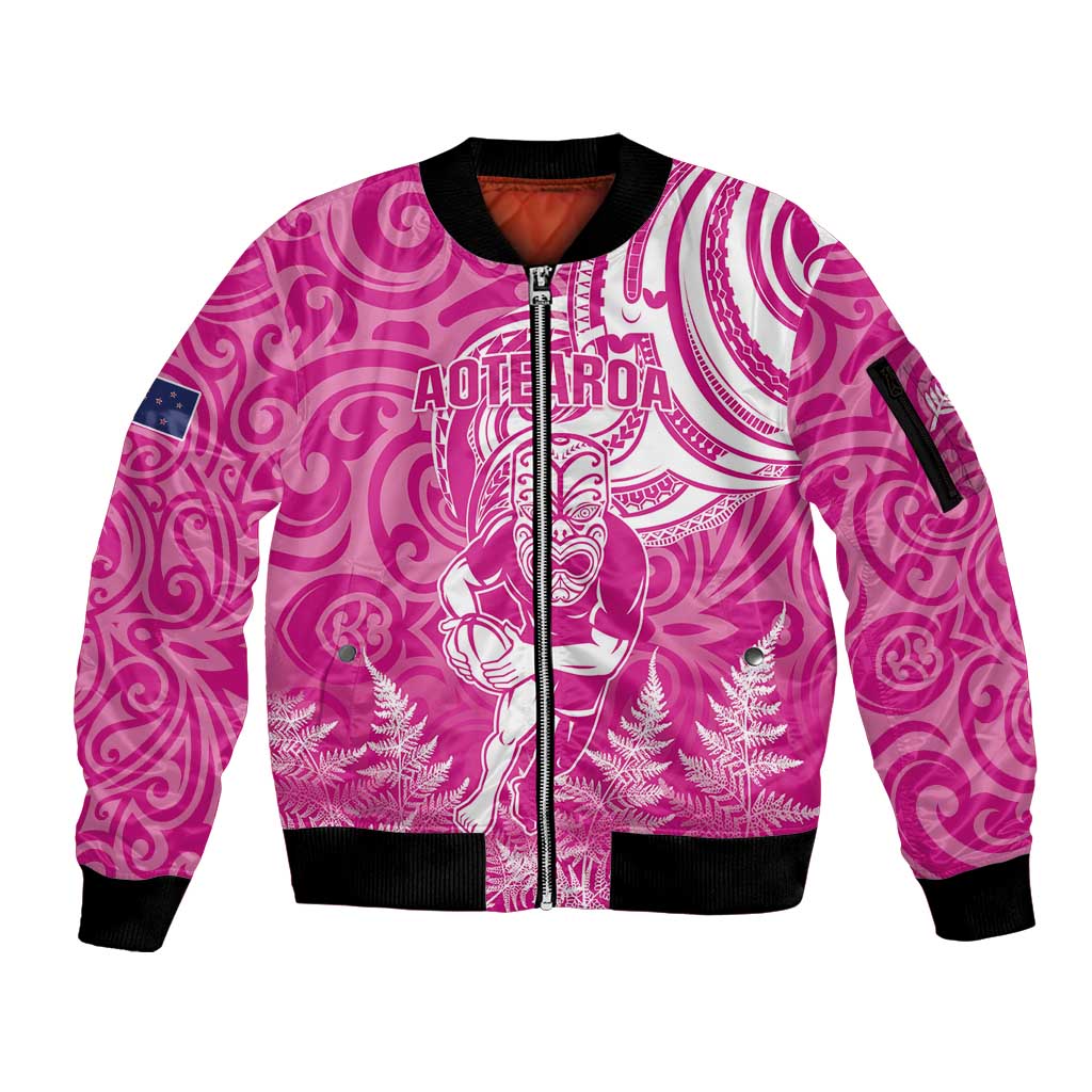 New Zealand Silver Fern Rugby All Pink Sleeve Zip Bomber Jacket Maori Tiki Player With Ta Moko Tribal LT01 Unisex Pink - Polynesian Pride