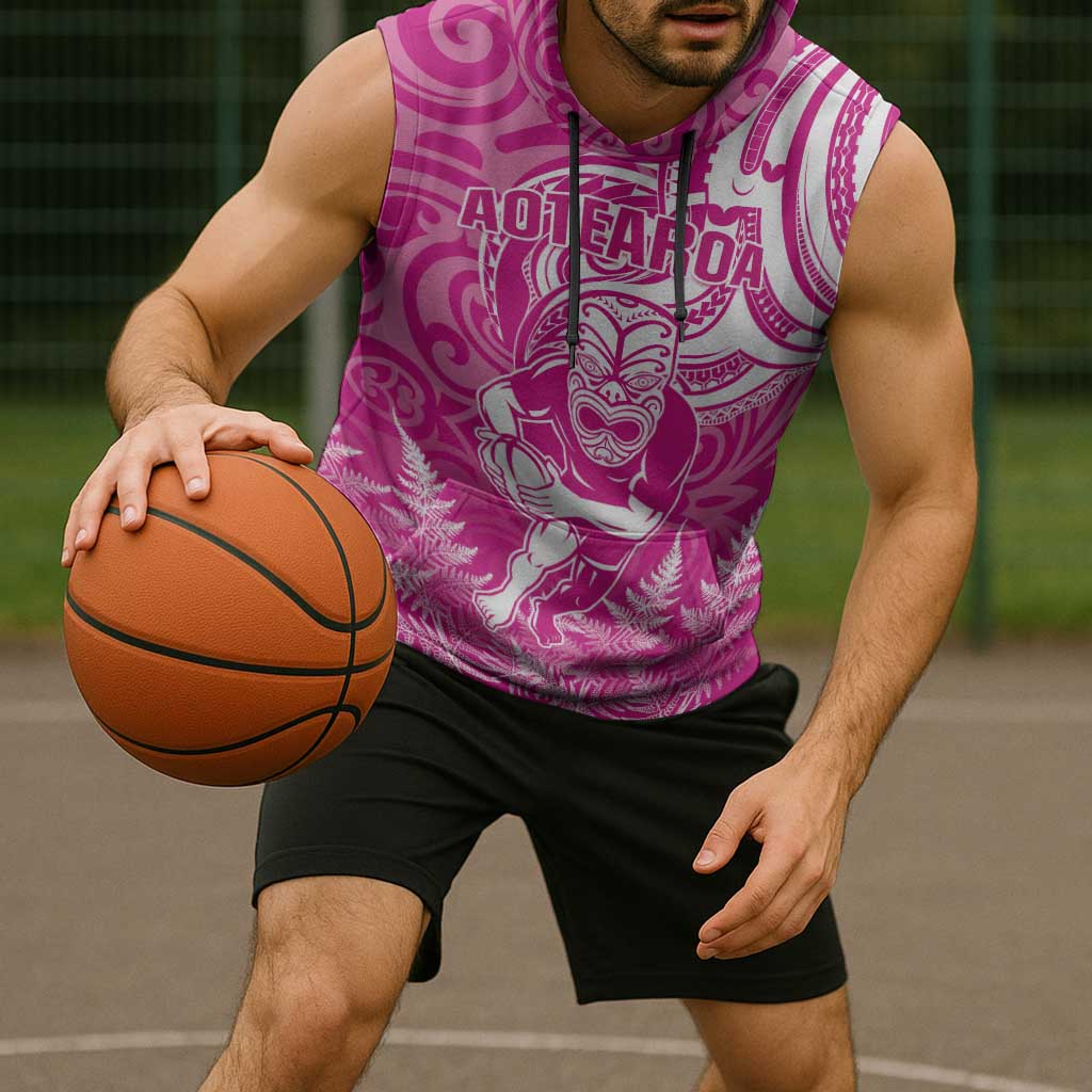 New Zealand Silver Fern Rugby All Pink Sleeveless Hoodie Maori Tiki Player With Ta Moko Tribal LT01 - Polynesian Pride