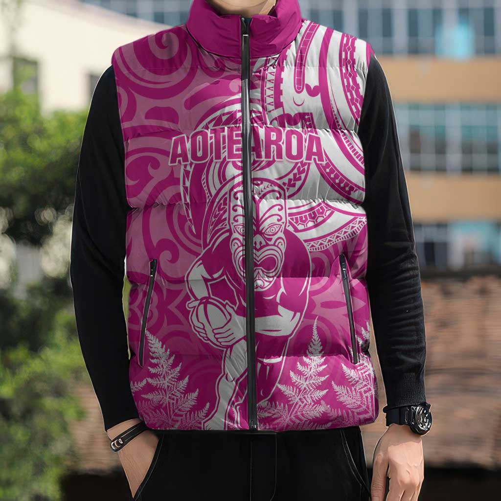 New Zealand Silver Fern Rugby All Pink Sleeveless Puffer Jacket Maori Tiki Player With Ta Moko Tribal LT01 - Polynesian Pride