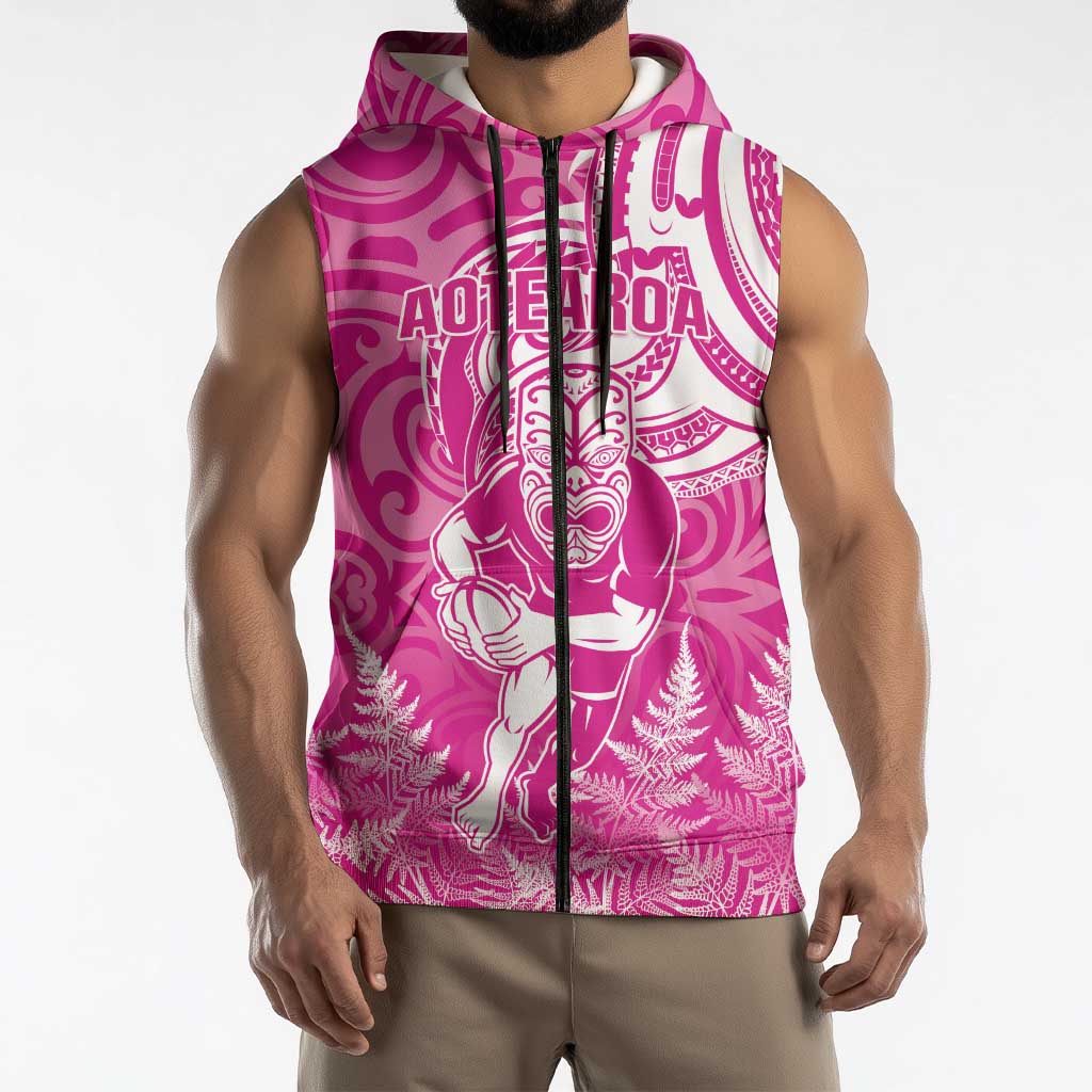 New Zealand Silver Fern Rugby All Pink Sleeveless Zip Hoodie Maori Tiki Player With Ta Moko Tribal LT01 - Polynesian Pride