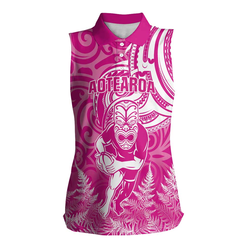New Zealand Silver Fern Rugby All Pink Women Sleeveless Polo Shirt Maori Tiki Player With Ta Moko Tribal LT01 Female Pink - Polynesian Pride