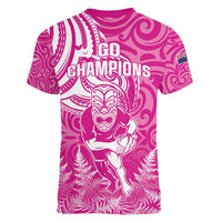 New Zealand Silver Fern Rugby All Pink Women V-Neck T-Shirt Maori Tiki Player With Ta Moko Tribal LT01 - Polynesian Pride