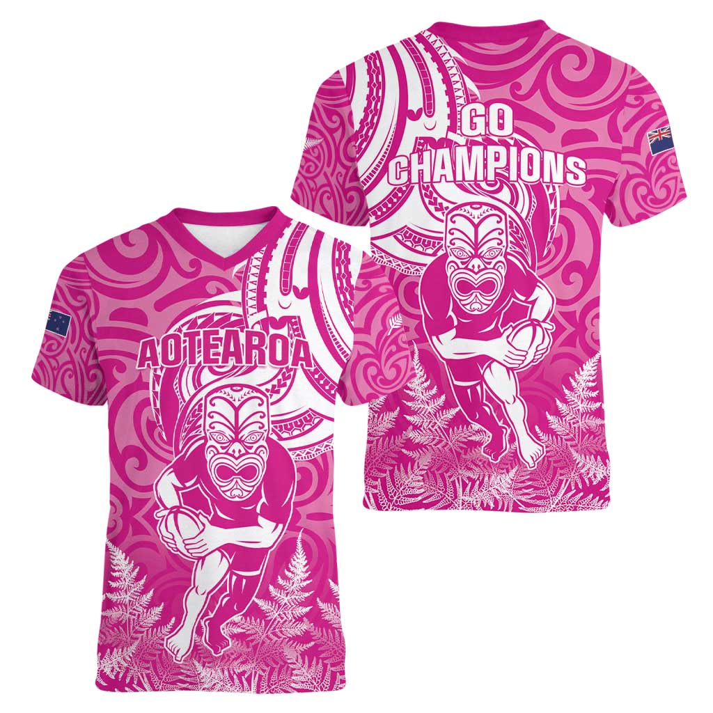 New Zealand Silver Fern Rugby All Pink Women V-Neck T-Shirt Maori Tiki Player With Ta Moko Tribal LT01 - Polynesian Pride
