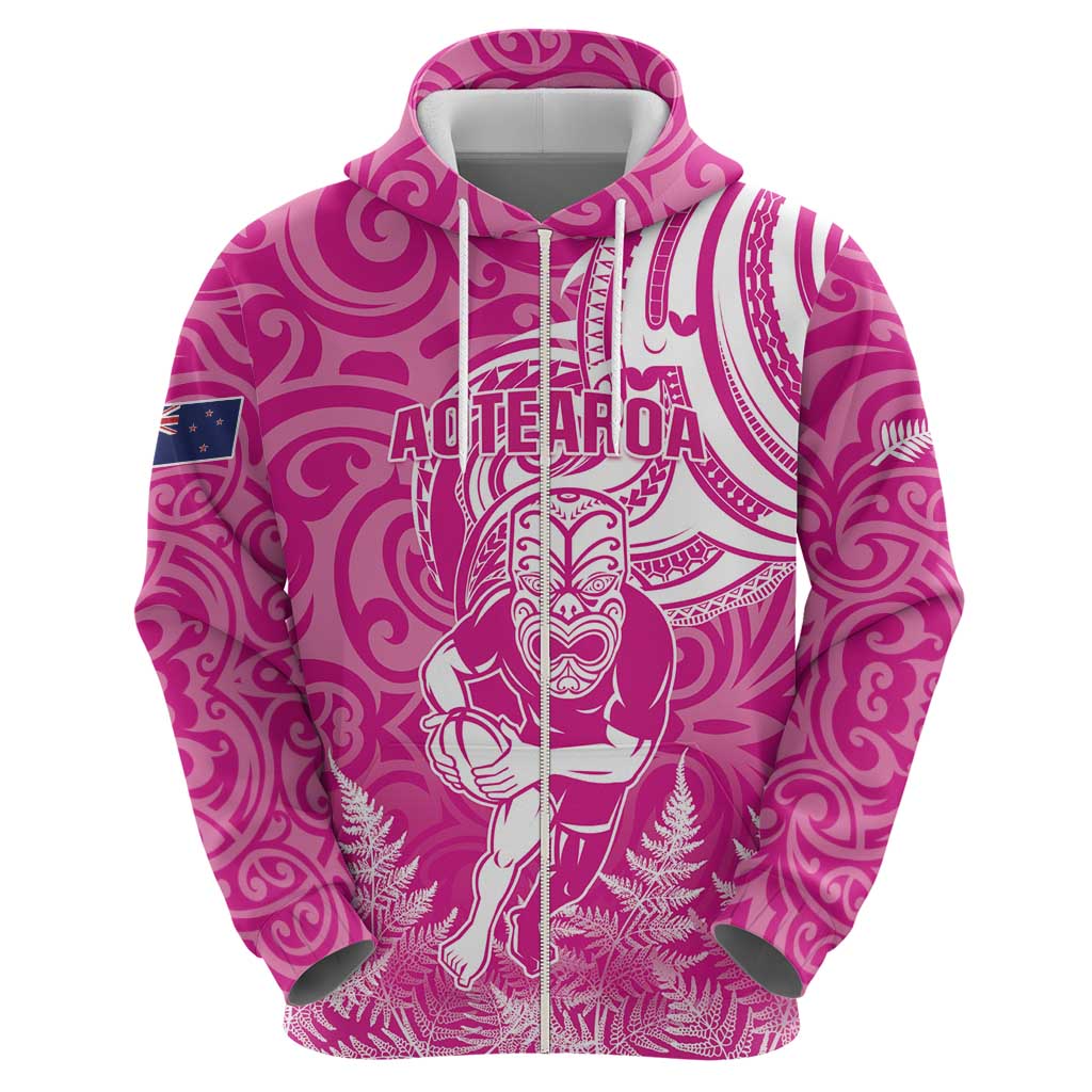 New Zealand Silver Fern Rugby All Pink Zip Hoodie Maori Tiki Player With Ta Moko Tribal LT01 - Polynesian Pride
