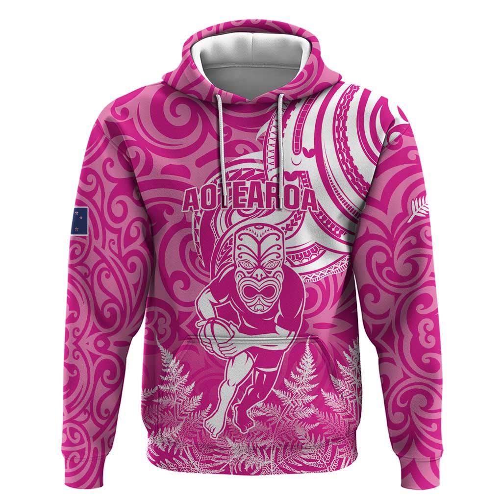 New Zealand Silver Fern Rugby All Pink Zip Hoodie Maori Tiki Player With Ta Moko Tribal LT01 Pullover Hoodie Pink - Polynesian Pride