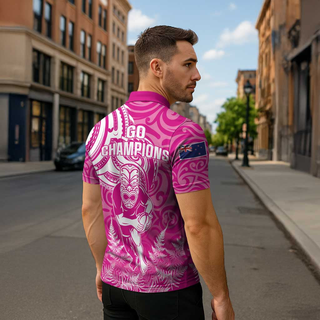 New Zealand Silver Fern Rugby All Pink Zipper Polo Shirt Maori Tiki Player With Ta Moko Tribal LT01 - Polynesian Pride