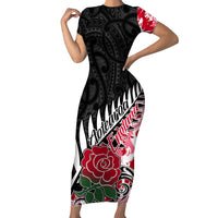 Custom New Zealand and England Rugby Short Sleeve Bodycon Dress Silver Fern With Red Rose World Cup 2023 LT01 Long Dress Art - Polynesian Pride