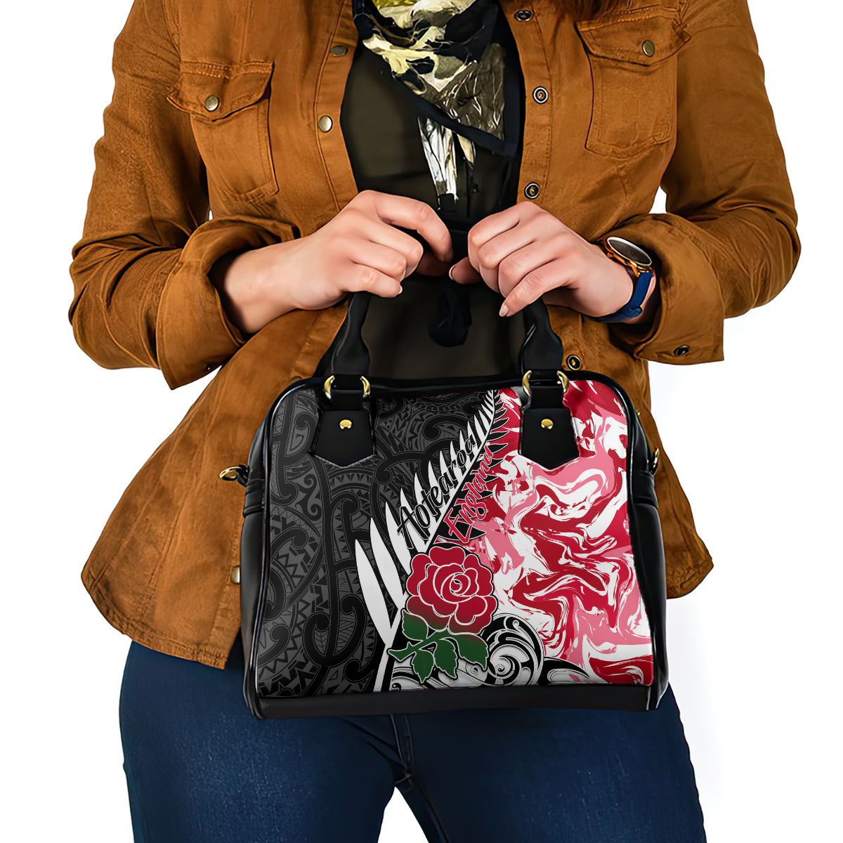New Zealand and England Rugby Shoulder Handbag Silver Fern With Red Rose World Cup 2023 LT01 - Polynesian Pride
