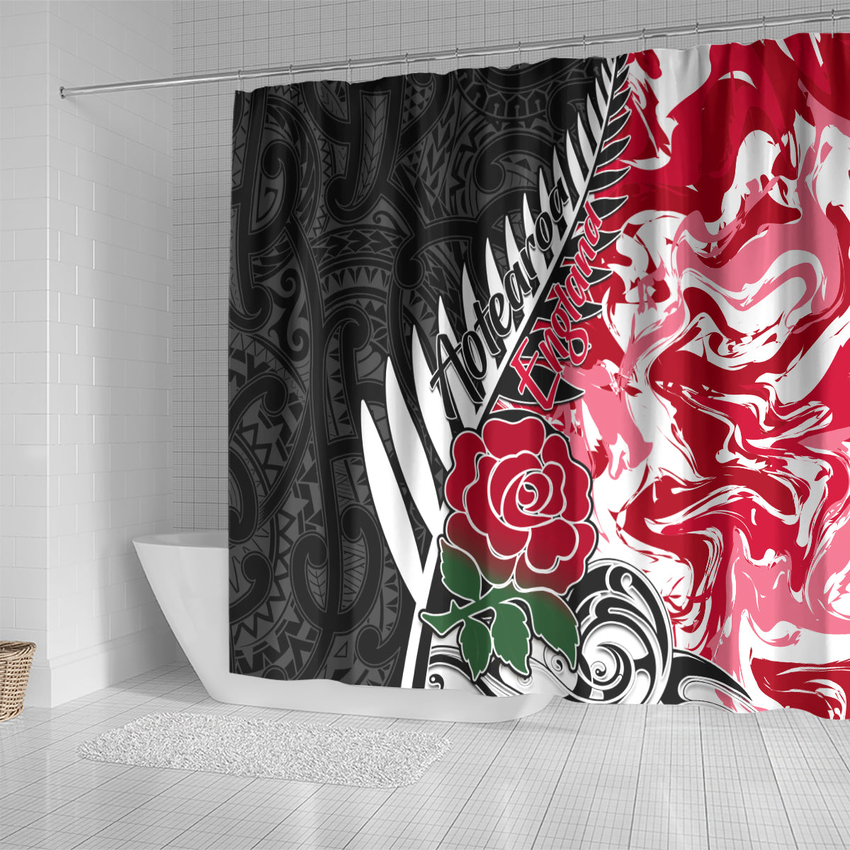 New Zealand and England Rugby Shower Curtain Silver Fern With Red Rose World Cup 2023 LT01 - Polynesian Pride