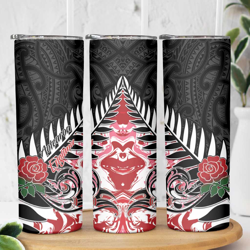 New Zealand and England Rugby Skinny Tumbler Silver Fern With Red Rose LT01 - Polynesian Pride
