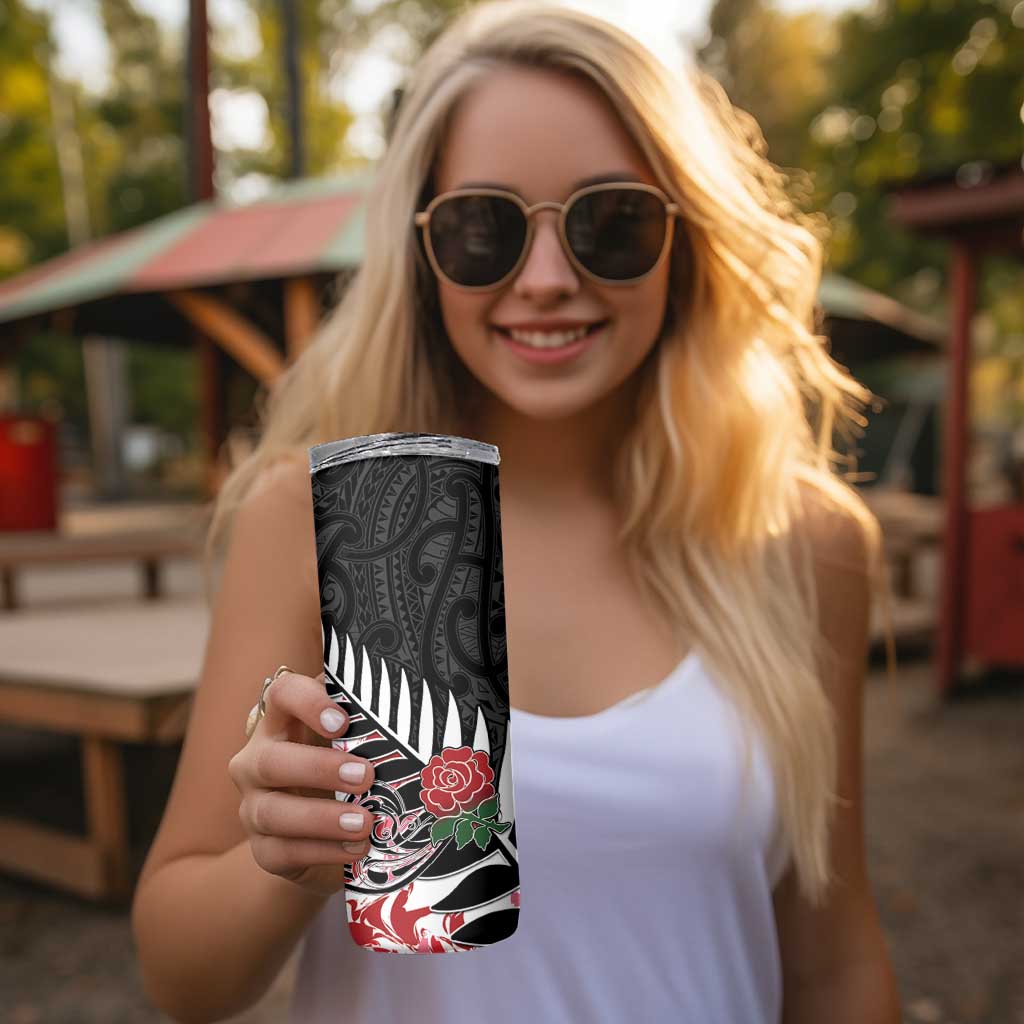 New Zealand and England Rugby Skinny Tumbler Silver Fern With Red Rose LT01 - Polynesian Pride