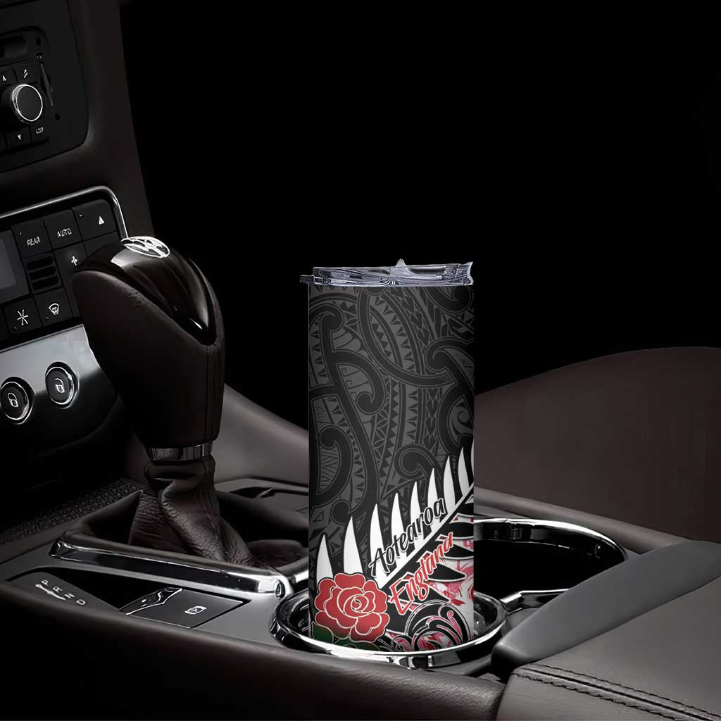 New Zealand and England Rugby Skinny Tumbler Silver Fern With Red Rose LT01 - Polynesian Pride
