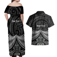 Personalised Toitu Te Tiriti Aotearoa Silver Fern Couples Matching Off Shoulder Maxi Dress and Hawaiian Shirt New Zealand Maori Pattern LT01 - Polynesian Pride
