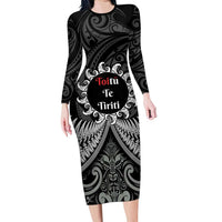 Personalised Toitu Te Tiriti Aotearoa Silver Fern Family Matching Long Sleeve Bodycon Dress and Hawaiian Shirt New Zealand Maori Pattern LT01 Mom's Dress Black - Polynesian Pride