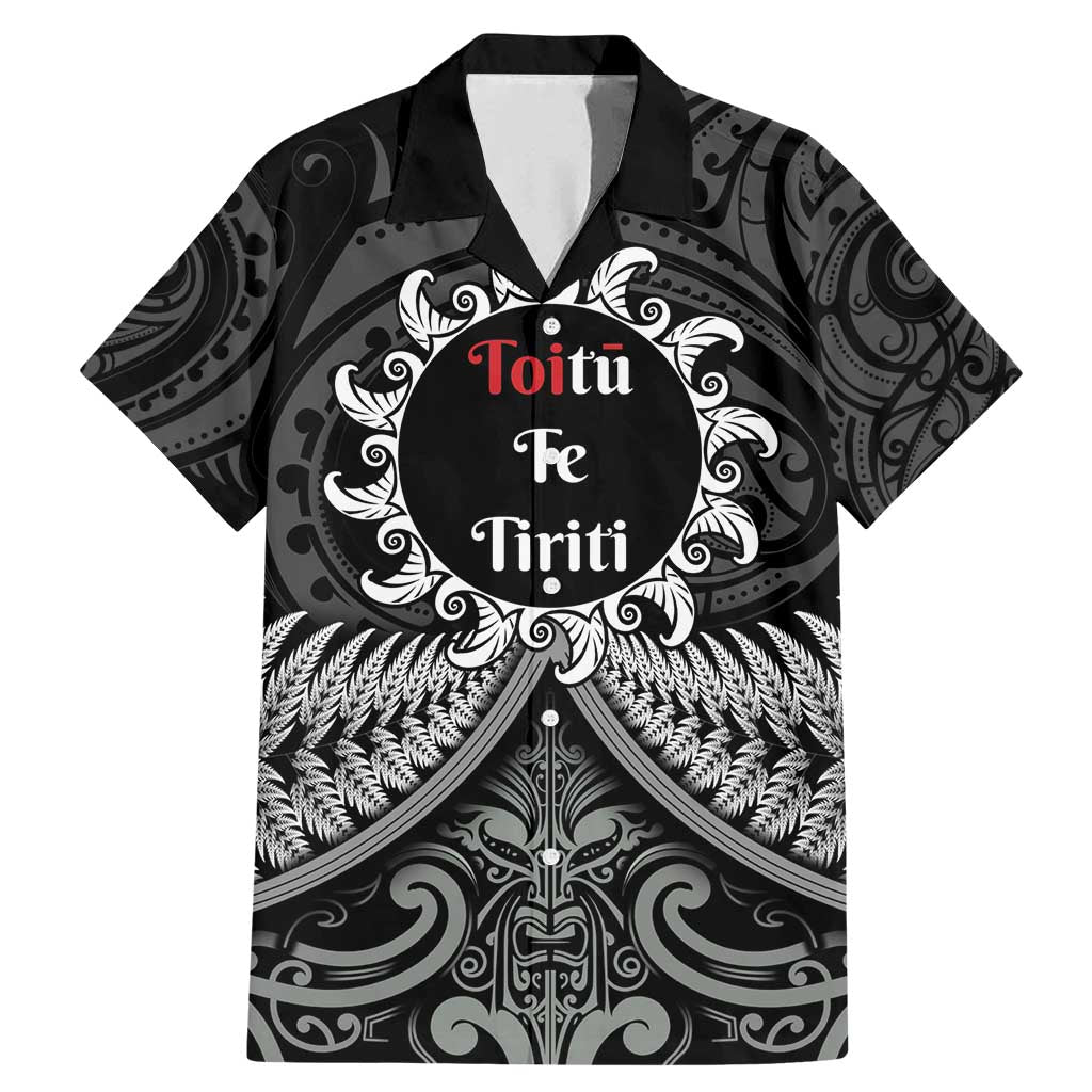 Personalised Toitu Te Tiriti Aotearoa Silver Fern Family Matching Mermaid Dress and Hawaiian Shirt New Zealand Maori Pattern LT01 Dad's Shirt - Short Sleeve Black - Polynesian Pride