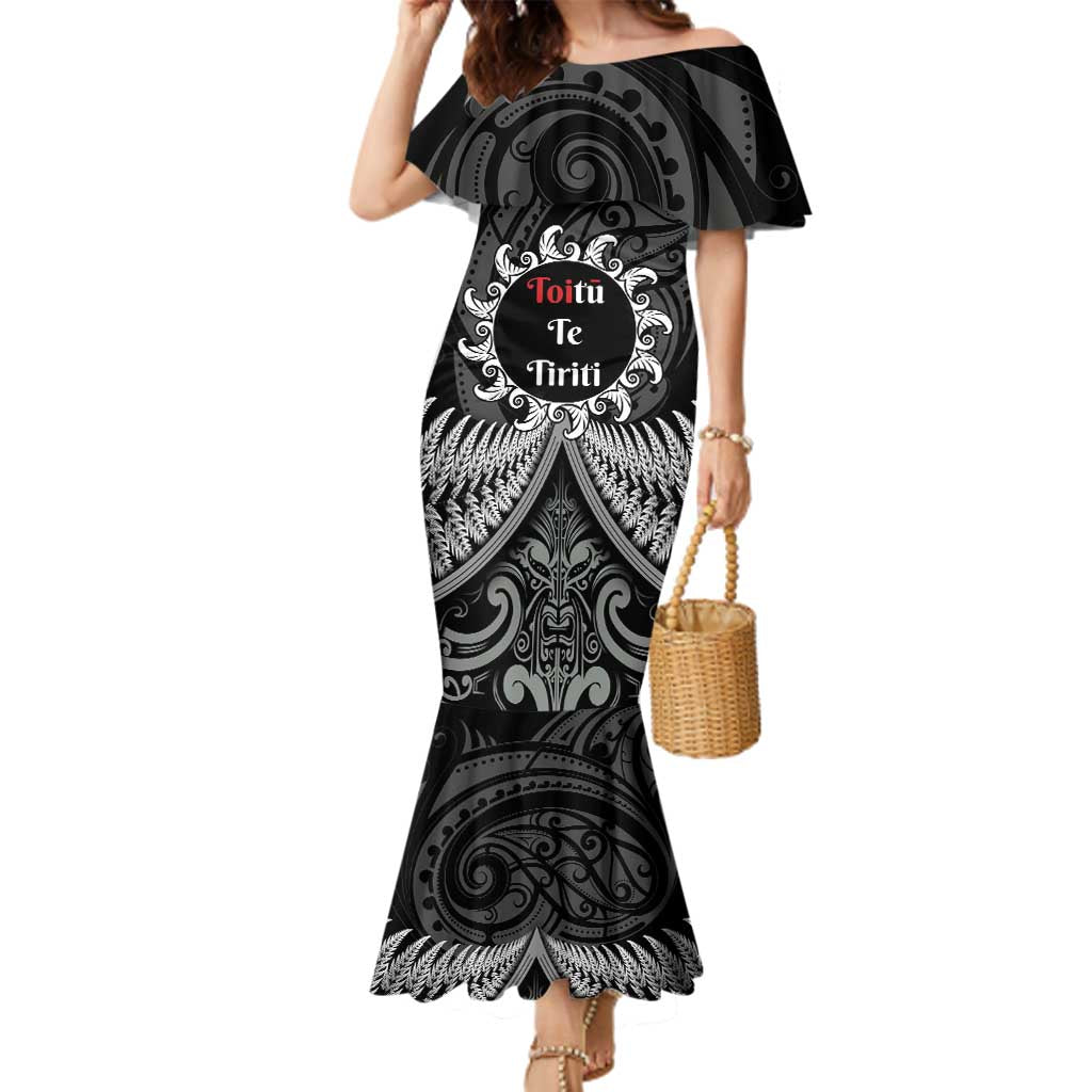 Personalised Toitu Te Tiriti Aotearoa Silver Fern Family Matching Mermaid Dress and Hawaiian Shirt New Zealand Maori Pattern LT01 Mom's Dress Black - Polynesian Pride