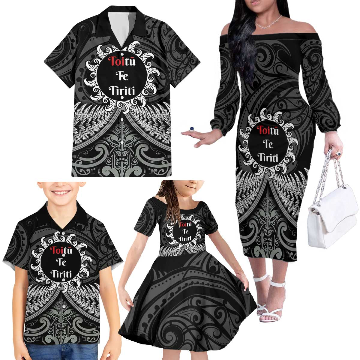 Personalised Toitu Te Tiriti Aotearoa Silver Fern Family Matching Off The Shoulder Long Sleeve Dress and Hawaiian Shirt New Zealand Maori Pattern LT01 - Polynesian Pride