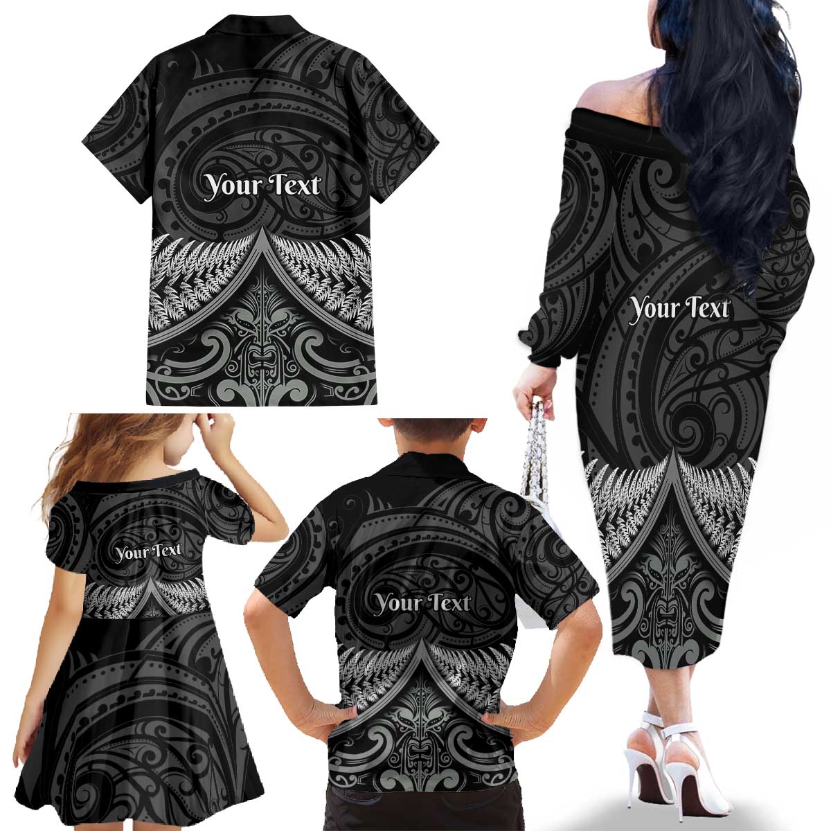 Personalised Toitu Te Tiriti Aotearoa Silver Fern Family Matching Off The Shoulder Long Sleeve Dress and Hawaiian Shirt New Zealand Maori Pattern LT01 - Polynesian Pride