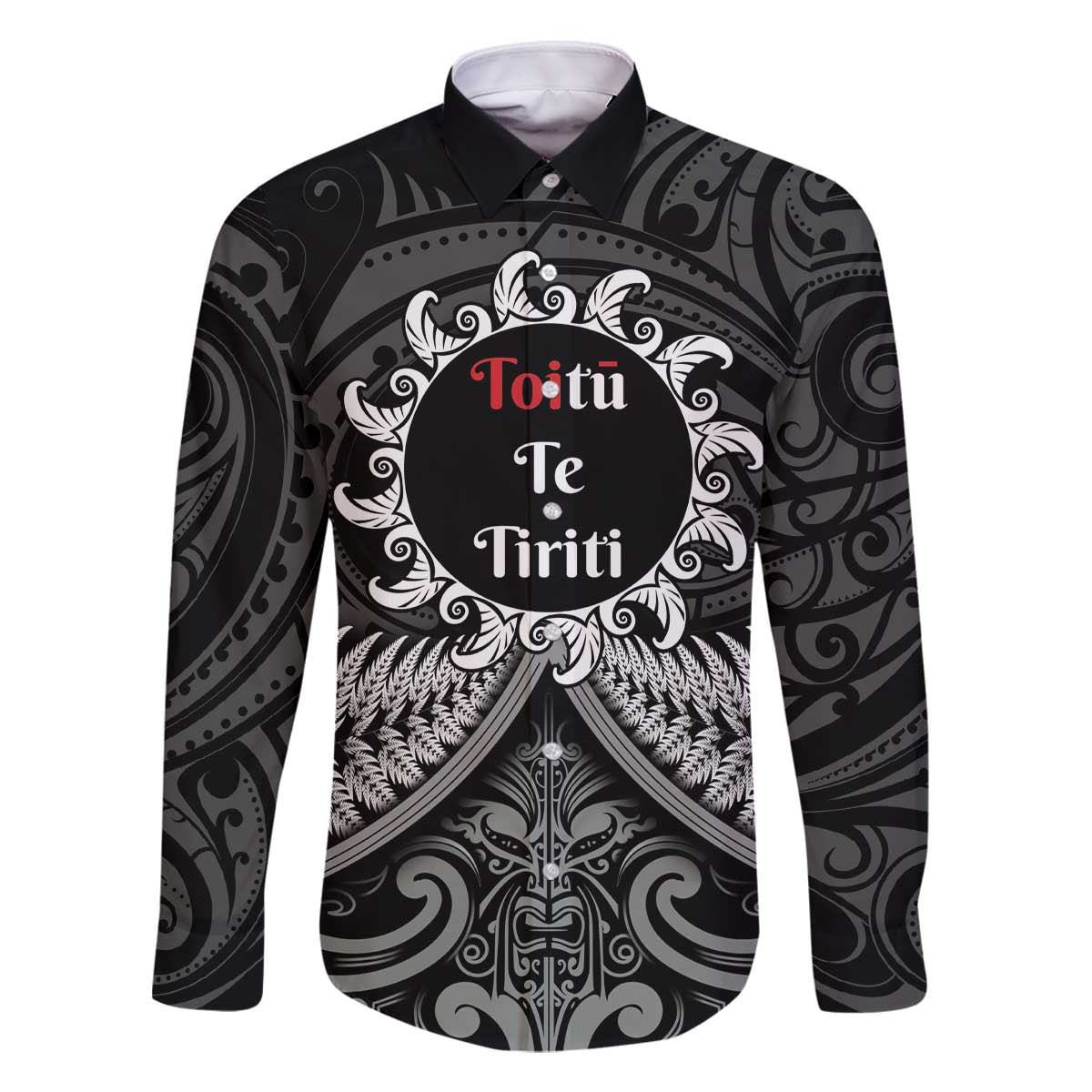 Personalised Toitu Te Tiriti Aotearoa Silver Fern Family Matching Off The Shoulder Long Sleeve Dress and Hawaiian Shirt New Zealand Maori Pattern LT01 Dad's Shirt - Long Sleeve Black - Polynesian Pride