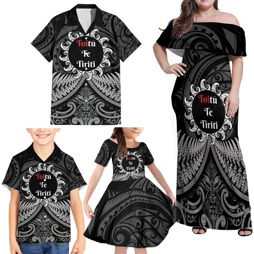 Personalised Toitu Te Tiriti Aotearoa Silver Fern Family Matching Off Shoulder Maxi Dress and Hawaiian Shirt New Zealand Maori Pattern LT01 - Polynesian Pride