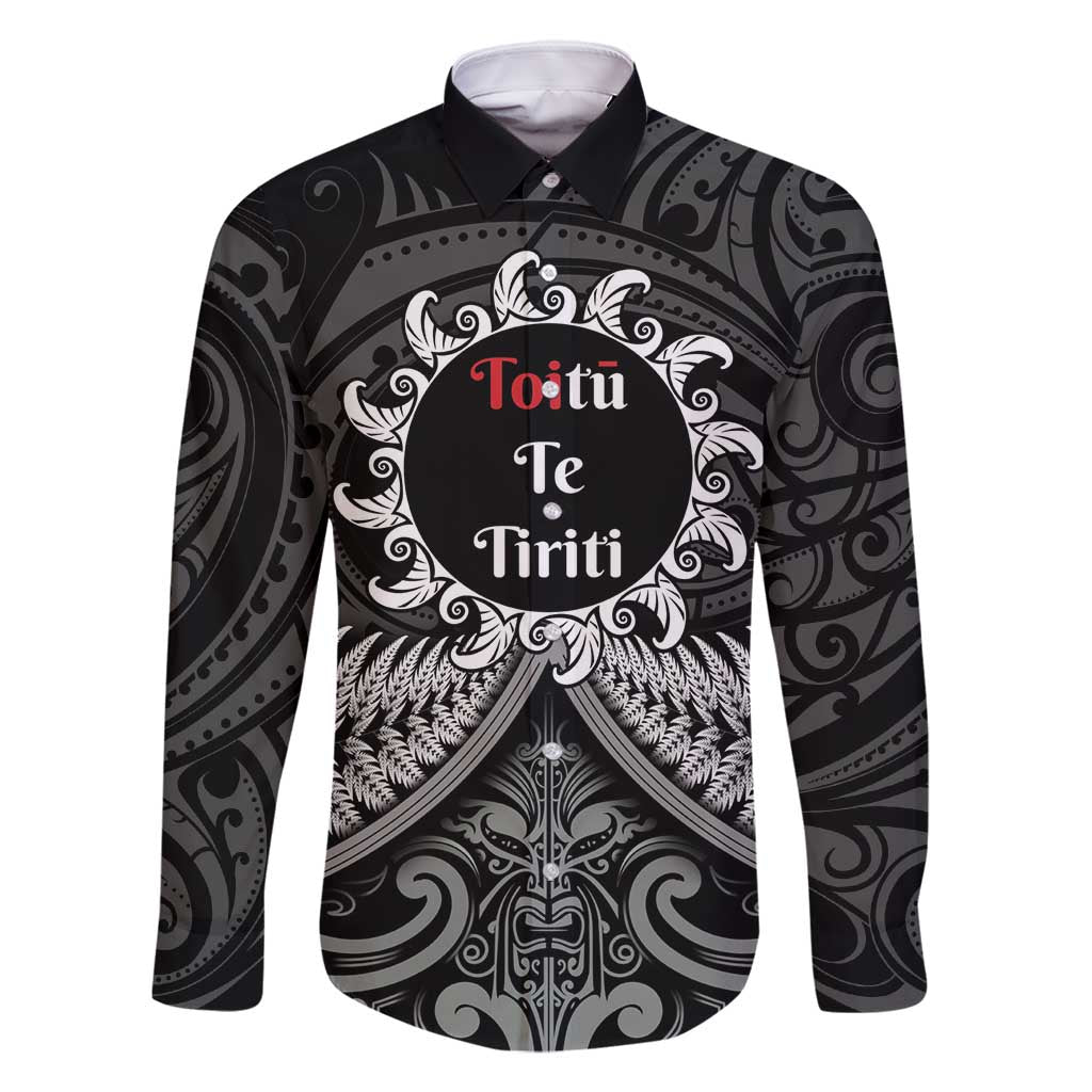 Personalised Toitu Te Tiriti Aotearoa Silver Fern Family Matching Off Shoulder Maxi Dress and Hawaiian Shirt New Zealand Maori Pattern LT01 Dad's Shirt - Long Sleeve Black - Polynesian Pride
