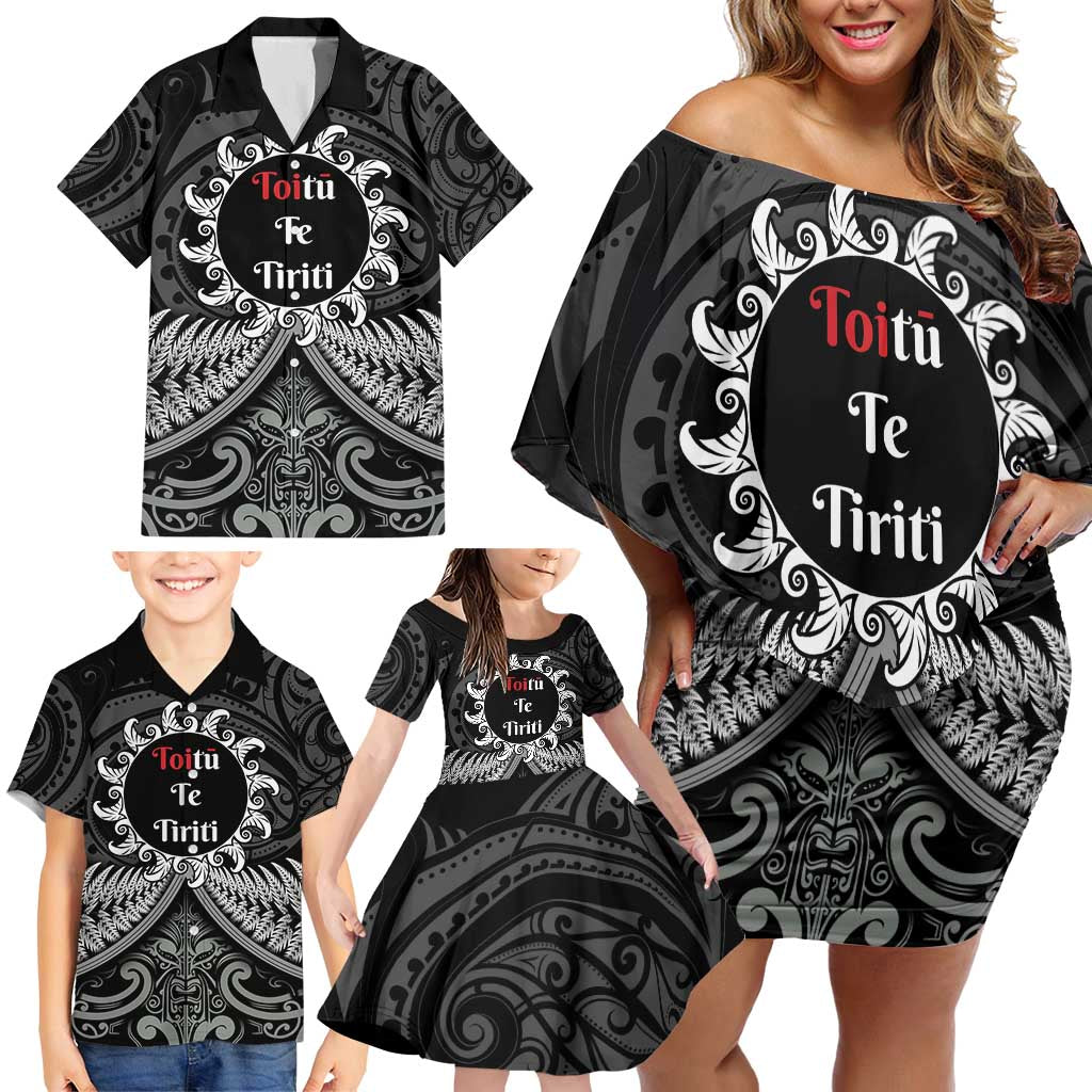 Personalised Toitu Te Tiriti Aotearoa Silver Fern Family Matching Off Shoulder Short Dress and Hawaiian Shirt New Zealand Maori Pattern LT01 - Polynesian Pride