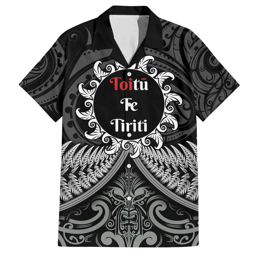 Personalised Toitu Te Tiriti Aotearoa Silver Fern Family Matching Off Shoulder Short Dress and Hawaiian Shirt New Zealand Maori Pattern LT01 Dad's Shirt - Short Sleeve Black - Polynesian Pride
