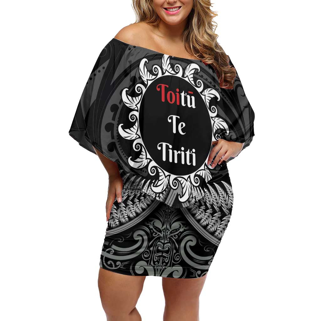 Personalised Toitu Te Tiriti Aotearoa Silver Fern Family Matching Off Shoulder Short Dress and Hawaiian Shirt New Zealand Maori Pattern LT01 Mom's Dress Black - Polynesian Pride